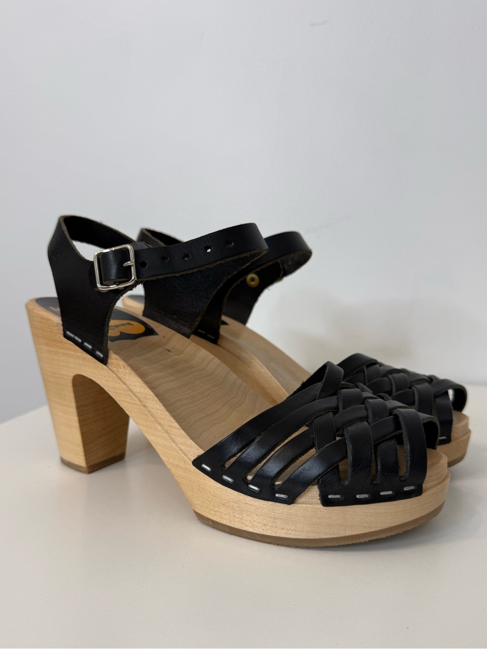 Swedish Hasbeens Black Braided Leather Skyhigh Wooden Platform Heel Sandal Sz 38